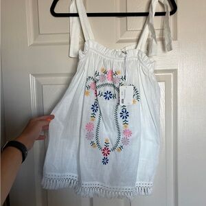 White Embroidered Sleeveless Top